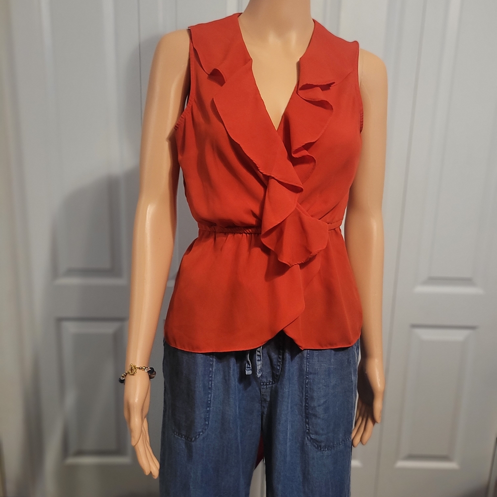 Max Studio Red Peplum Blouse with Ruffled Notched Collar